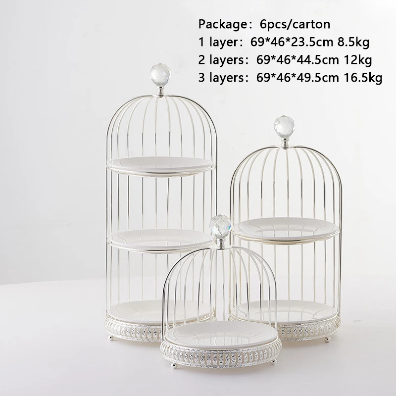 Luxury Crystal Food Tray Living Room Creative Birdcage-Shaped Iron Dessert Fruit Tray with White Ceramic Dishes