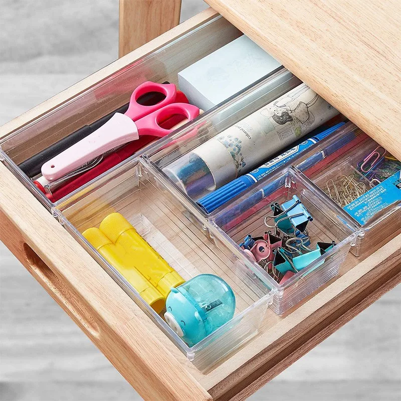 10/14/16/18Pcs Stackable Mini Clear Plastic Storage Box Drawer Organiser Tray for Makeup Kitchen Utensils and Office Products