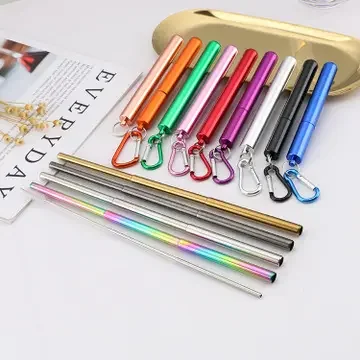 Collapsible Eco-Friendly 304 Stainless Steel Silicone Reusable Straws Telescopic Design with Case for Wine Beer Straight Pattern