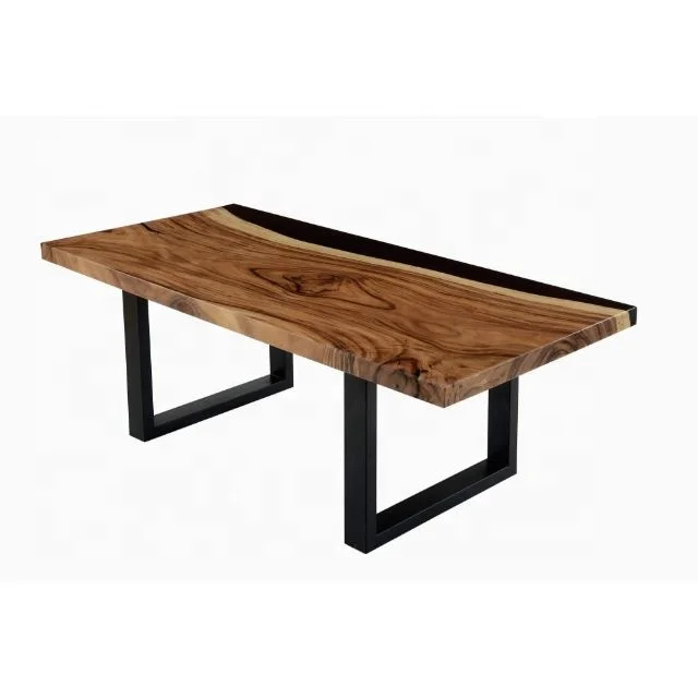 Black Epoxy Mango Wood Top Decorative Iron Stand Base Long Dinning Breakfast Table For Home And Garden Used