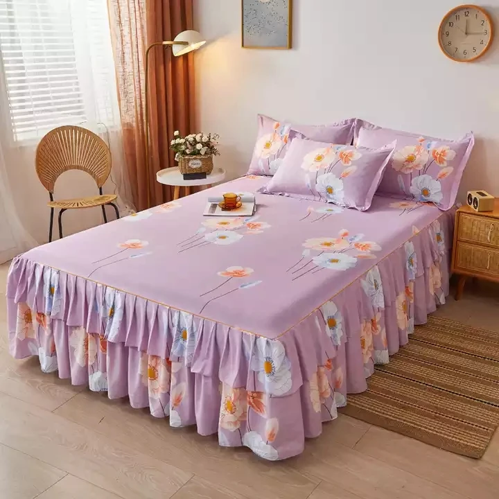 Bed Skirts Set Double Layer Bedspread Floral Printed Bedsheet Bilateral Bed Skirt + 2pcs Pillowcase Bedsheets