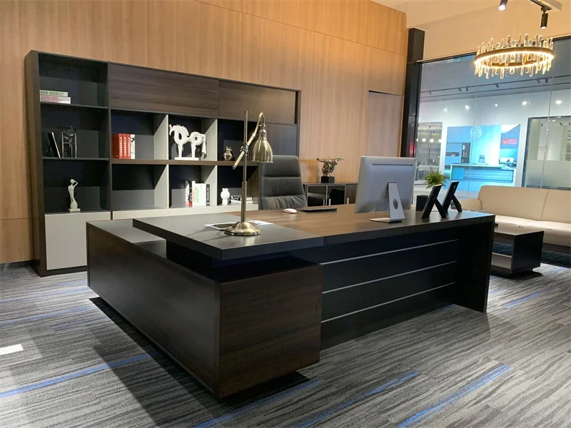 L Shaped CEO Executive Wood Tables Dark Color Furniture Boss Office Desk