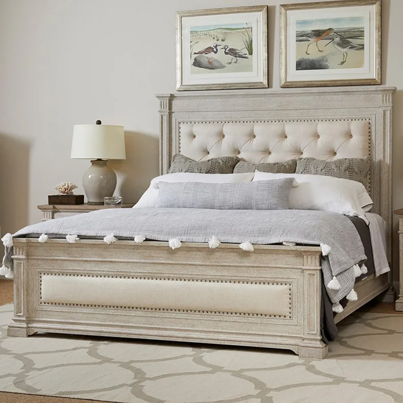 American Rustic Bedroom Shabby Chic Furniture Fabrics Tufted Upholstered Platform Carving Oak King Queen Size Bed