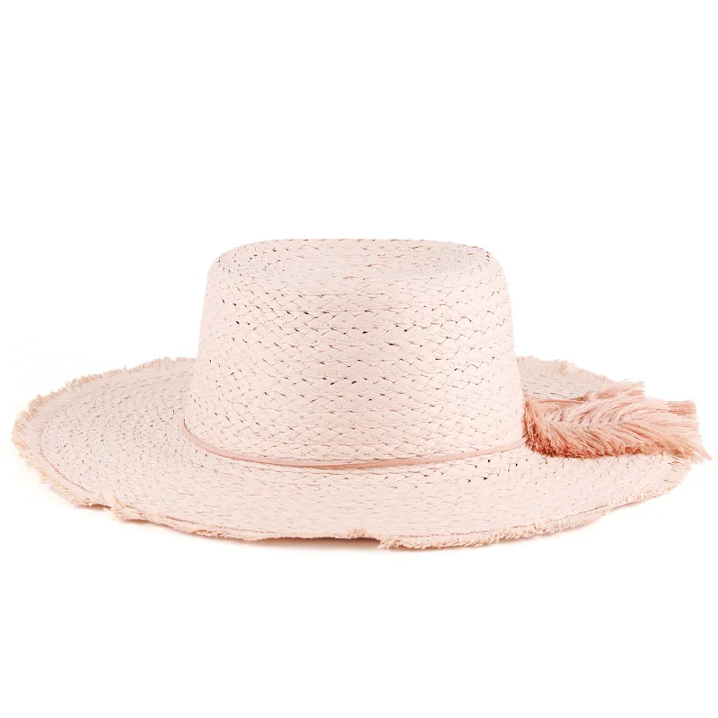 Custom Fashion  Natural Wheat Blank Sun Hats Caps With Tassel Sombreros Panama Straw Hats Summer Women Flat Top Beach Hat