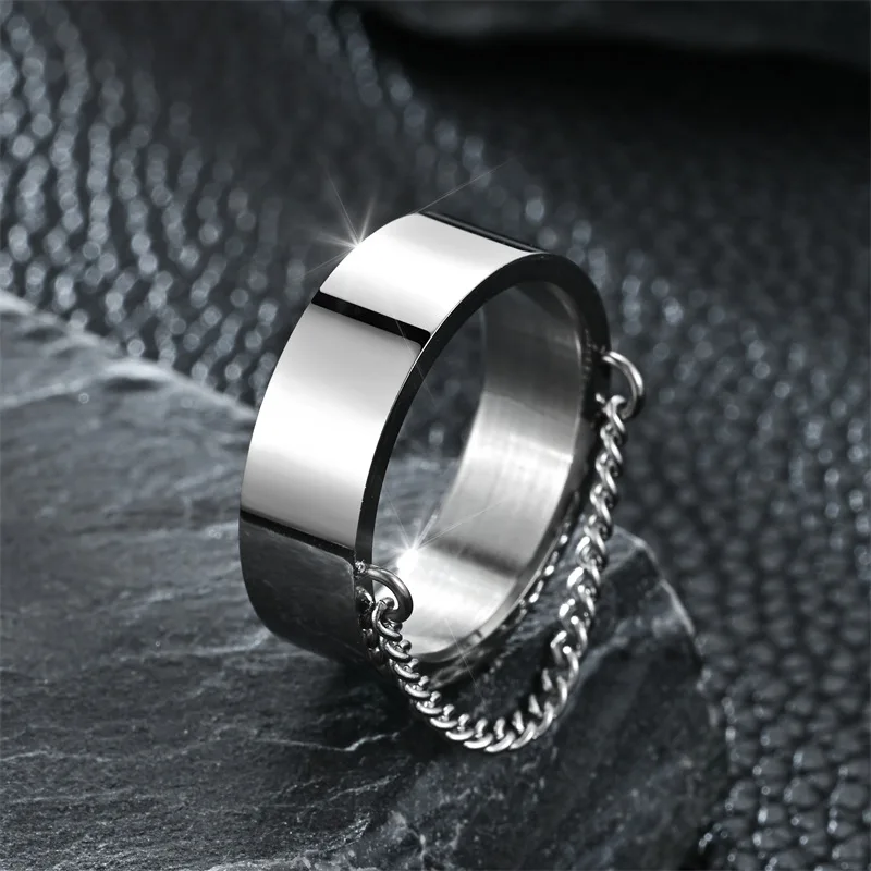 High Quality New Punk Style Wide Plain Blank Stainless Steel Silver Plated Finger Rings with Chain Links for Men Women