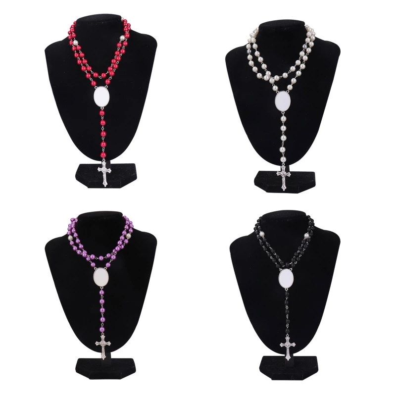 Custom Photo Jesus Cross Catholic Beads Blank Sublimation Rosary Necklace with Oval Insert