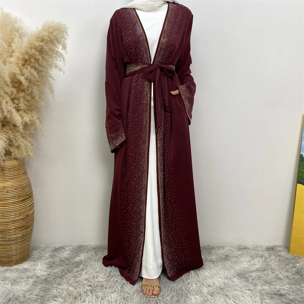 2010# Eid Luxury Sparkle Diamond Open Abaya With Diamond Belt With Side Pockets Nida Material Popular Women Rhinestone Abaya