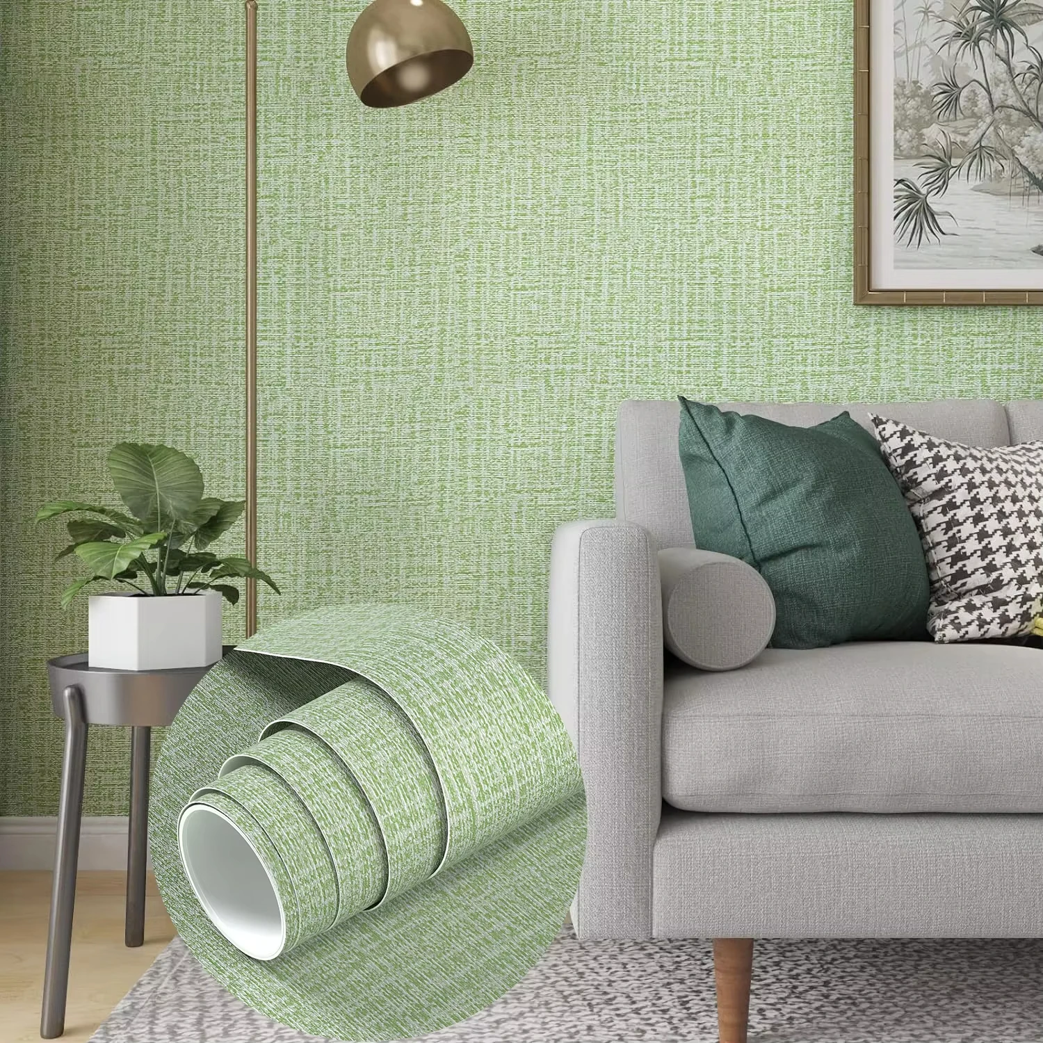 High Quality Light Green Linen Grasscloth Peel and Stick Wallpaper Vinyl Self Adhesive Removable for Wall Decor
