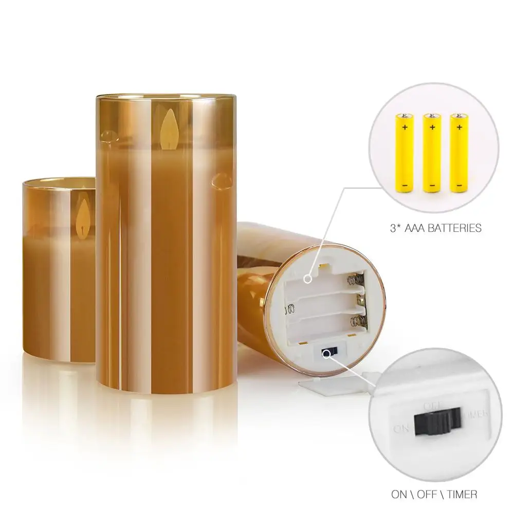 Tawny plated glass electronic candle 3 pcs set simulation shake flame led remote control candle