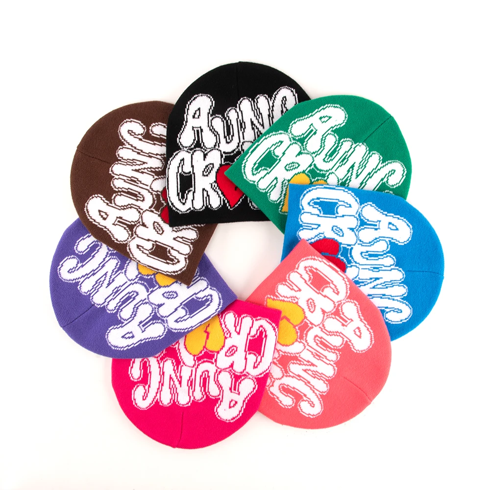 y2k  design jacquard all over print custom letter logo manufacturer with knitted winter hats beanie