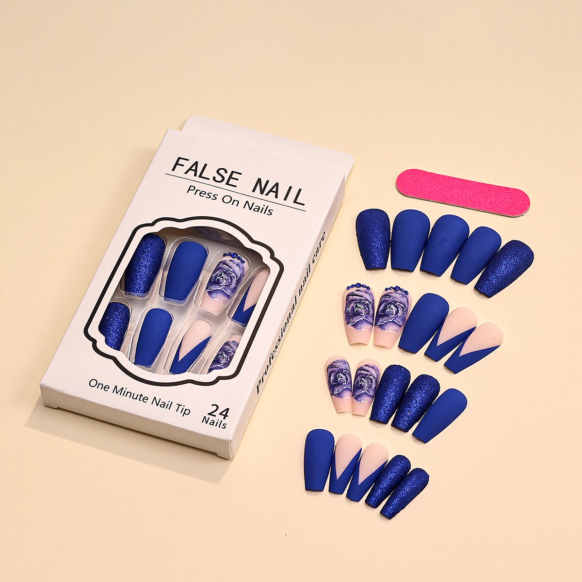 French Flowers Press on Nails Flash Diamond 3D Rhinestones Glitter Glossy False Nails Long Ballerina Coffin Fake  Tips Manicure