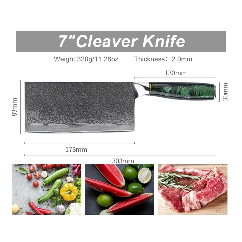 New Design Damascus Knife 67 Layer Damascus Steel Kitchen Knives 7 inch Cleaver Knife with Turquoise Resin Pakkawood