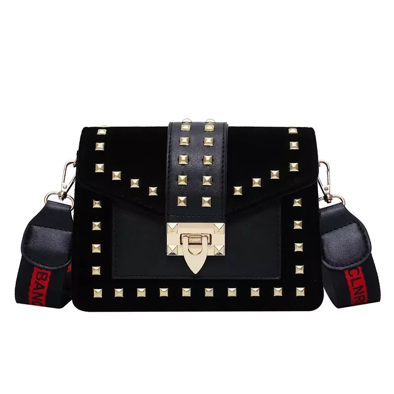 New Arrival Korean Rivet Versatile Crossbody Black Green Ladies PU Leather Women Bags Handbag Customized Shoulder Strap