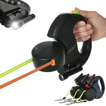 Multi Function 4 In 1 Dog Leash Retractable Double Dog Reflective Leash Heavy Duty Walking Rope Pet Leash With Flashlight