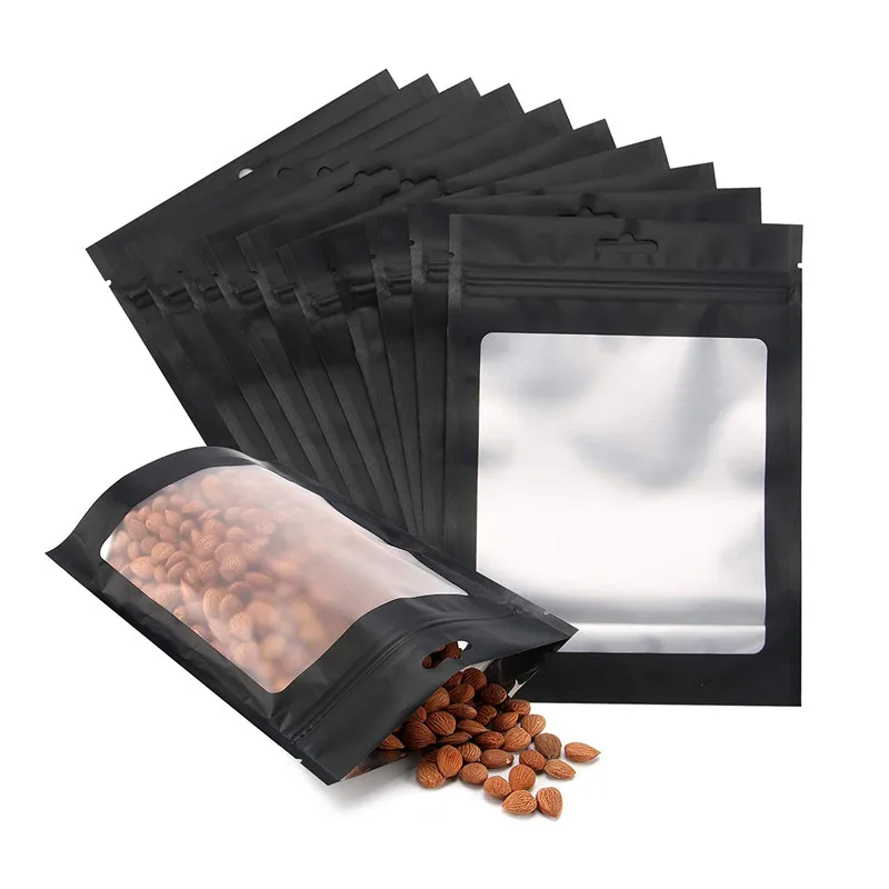 Heat seal food storage resealable foil pouch euro hang hole odorless mylar bags clear window Aluminum matte black ziplock bags