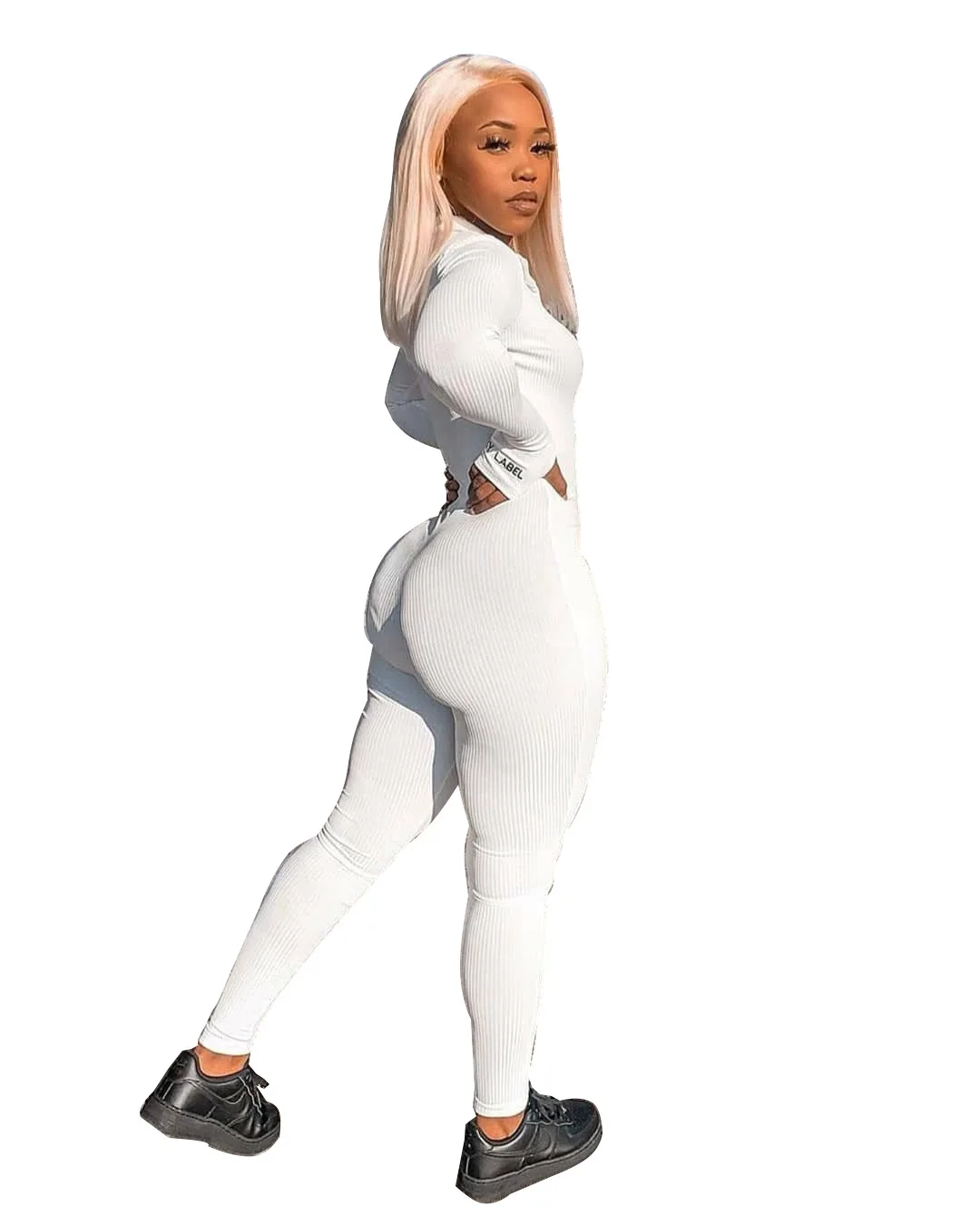 2022 Wholesale Custom Logo Women Long Sleeve Rompers Pit Stripe Ribbed Zipper Elastic Slim Women One Piece Jumpsuits