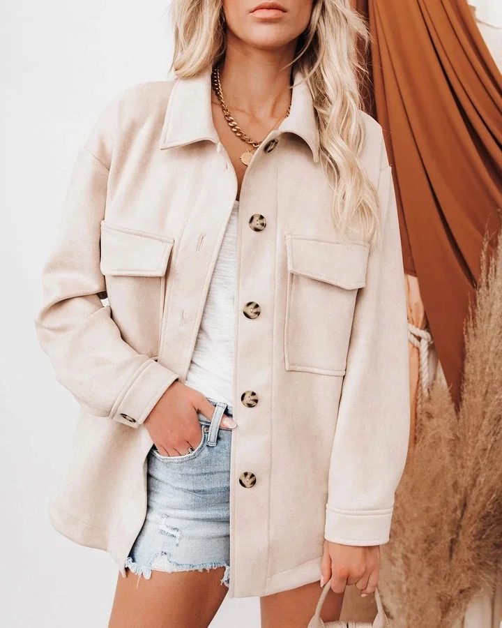 ZACAVIA New Leisure Fashion Single Breasted Vintage Suede Long Sleeve Coat  Autumn and Winter Pocket Middle Length Coat