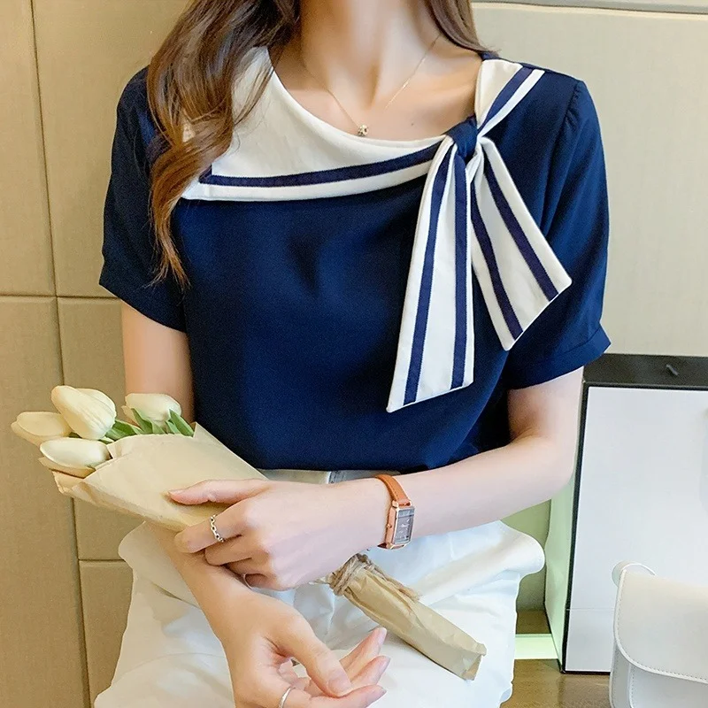 Dark Blue White Sailor Collar Fashion Korean Summer Chiffon Casual Blouse for Women Campus Office Lady Tops