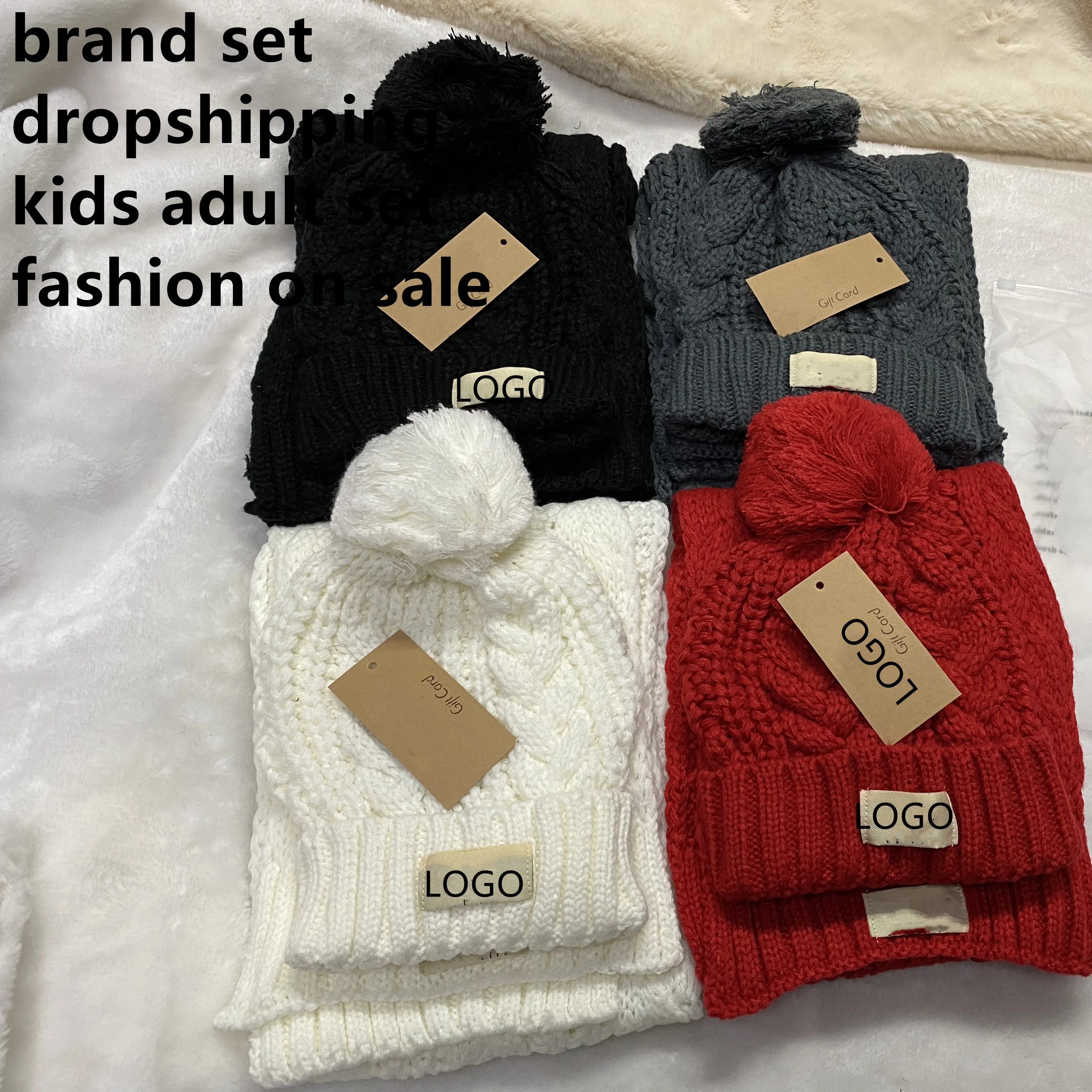 Бесплатные образцы пользовательского логотипа 1 MOQ дропшиппинг новый комплект шарфа и шапки для детей женщин индивидуальный простой меховой зимний комплект шарфов шапки