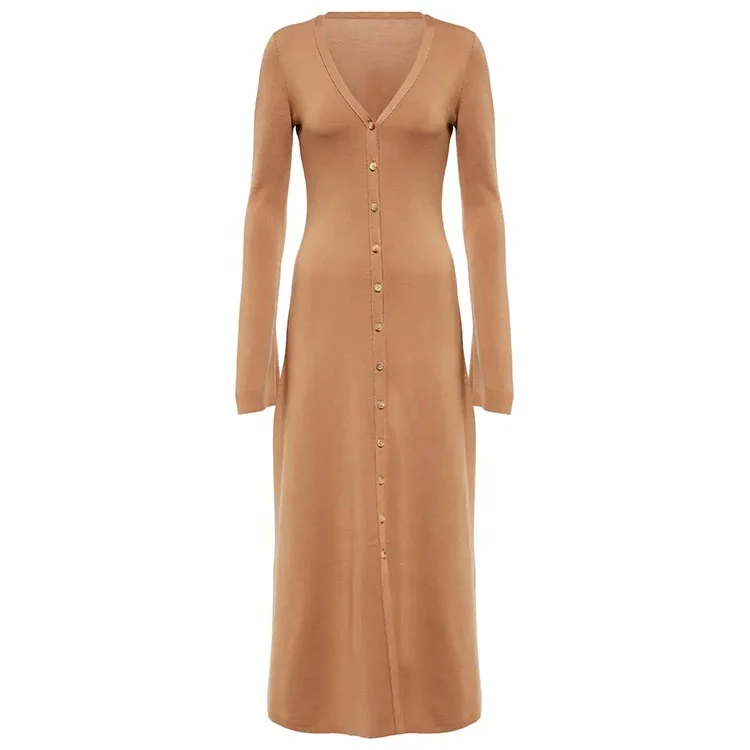 Factory Custom autumn new style long sleeve v neck single breasted european american retro INS style simple maxi dress ladies