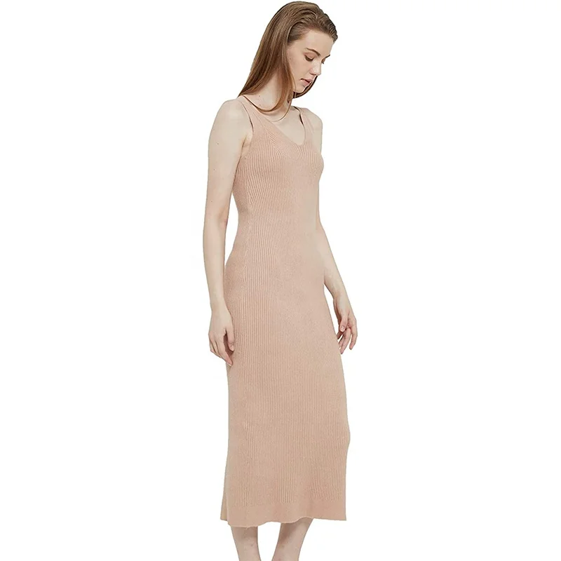 Оптовая продажа с фабрики 2022, облегающее длинное платье-свитер в рубчик без рукавов с v-образным вырезом для лета