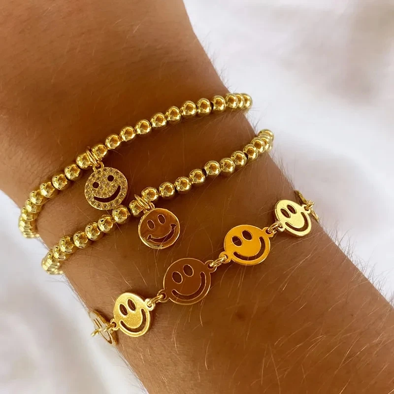 Manufacturing Stainless steel Women Fashion Lucky Jewelry Gift Cute Happy Smile Face Charm Disc Chain Smile Face Bracelet