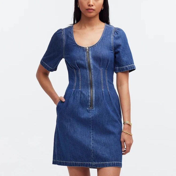 Customize hot summer dresses Wash Denim Darted Mini Dress casual short sleeve dress for ladies