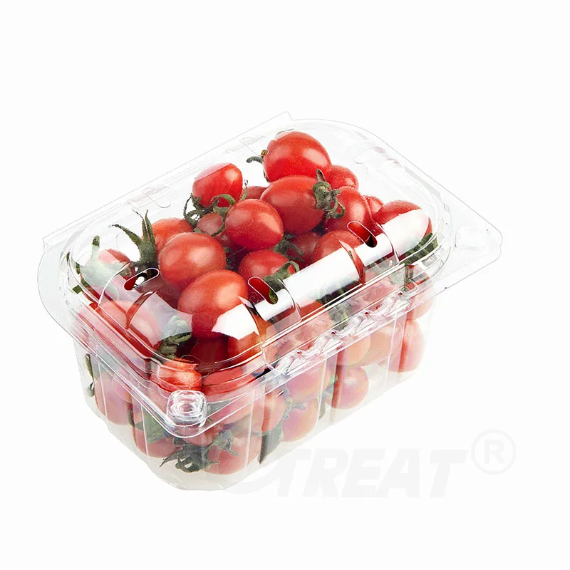 Custom Disposable PET Plastic Clear Hinged Fresh Fruit Cherry Tomato Clamshell Box Blueberry Grape Packaging Plastic Container