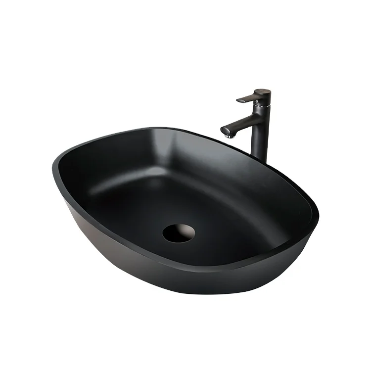 
Bare concrete bathroom sink oval shape hand painting black color glass vessel sink 