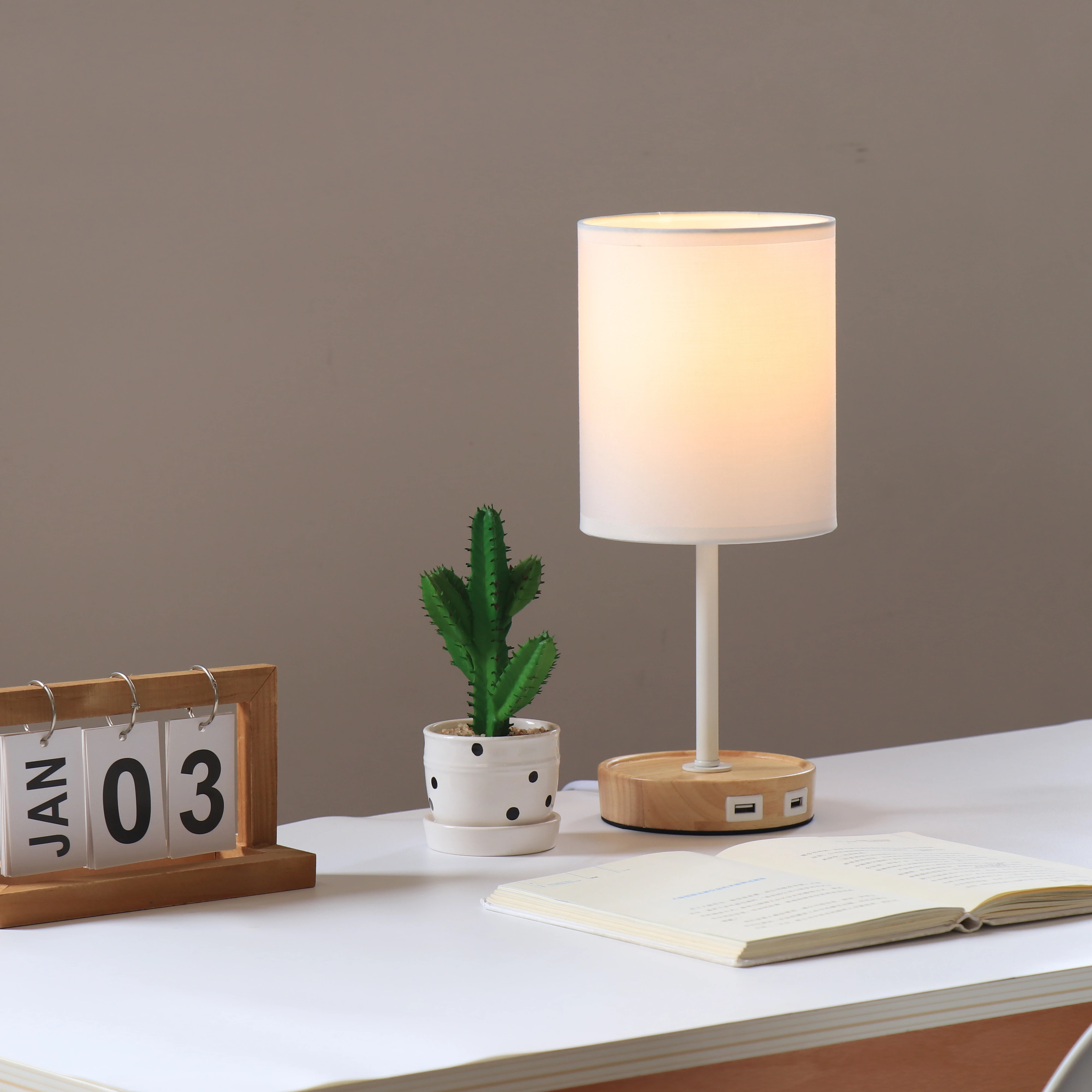 twin USB white smart home decor office bedroom touch sensor switch  wooden base fabric lampshade night table lamp