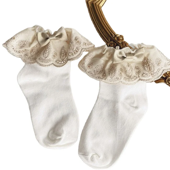 PHB 11674 high quality embroidered design bow decorative teen children girls sock manufacturers