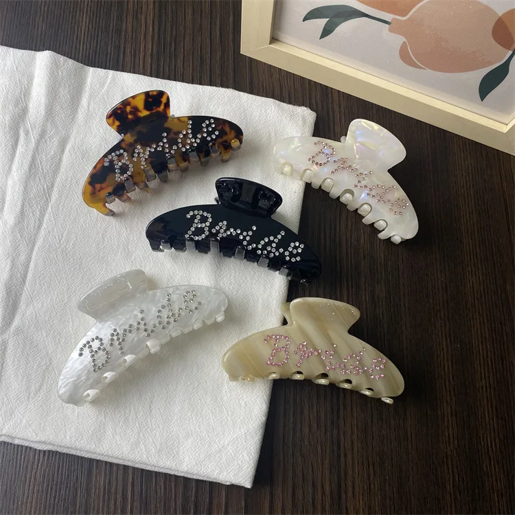 YJL hot sale acetate hair claw 10CM popular rhinestone letters bride acetate hair claw custom logo wholesale hair claw clips