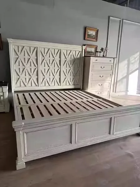 Bedroom Furniture French Country Style Bed Headboard With Lattice Design King Size oak Wood bed
