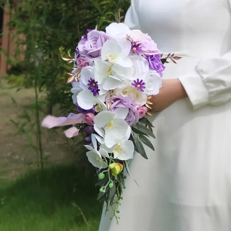 SPH029 Custom Forest Style Artificial Wedding White Purple Water Drops Holding Flowers Wedding Bride Holding Bridal Bouquet