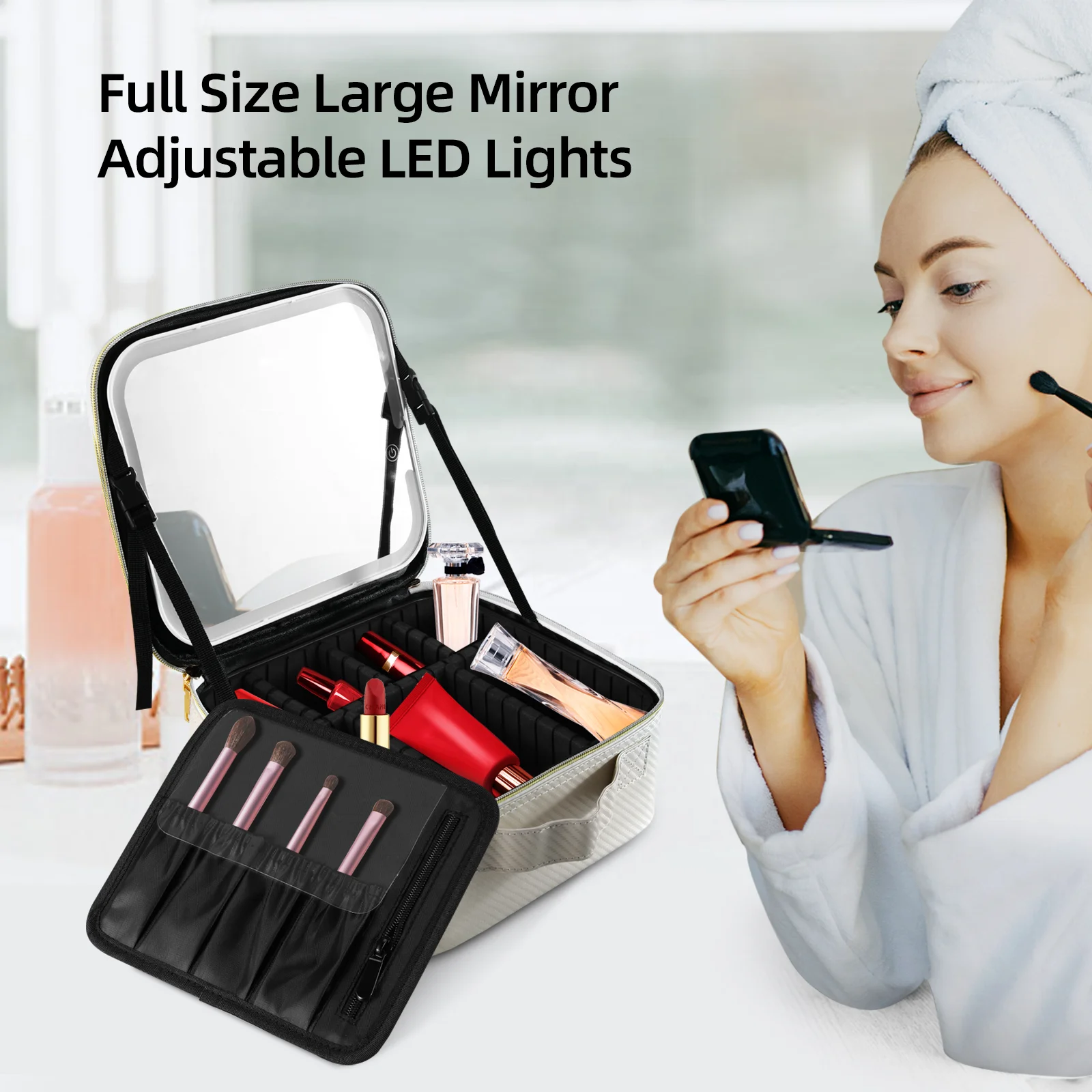 New Style LED Light Mirror Large Capacity  Makeup Storage Box Professional Chargeable USB Travel Portable Cosmetic Bag