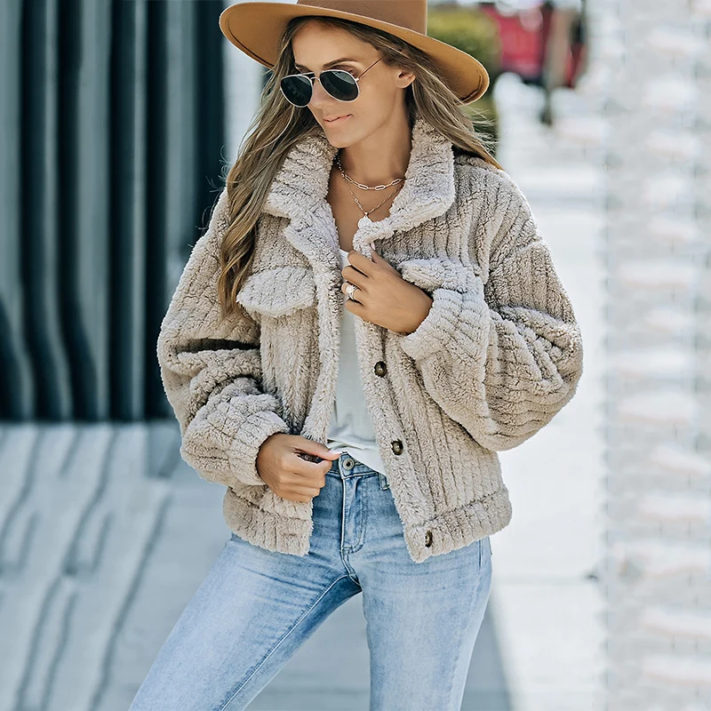 Shewin Clothing 2024 Fall/Winter Collection Casual Corduroy Plush Fleece Jacket for Women Solid Button Llama Lamb Fluffy Coat