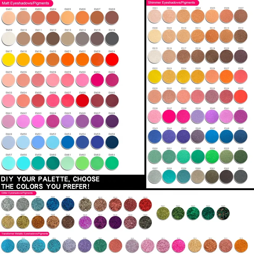 
vegan low MOQ custom single eyeshadow pan matt shimmer glitter metallic pressed diy eyeshadow palette private label 
