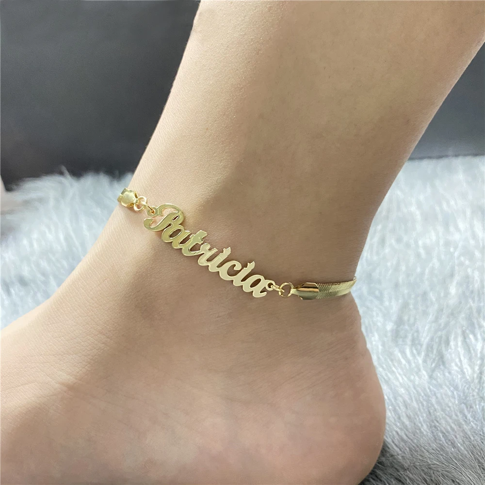 Custom Name Anklet Personalized Gold Plated Stainless Steel Foot Chain Body Jewelry for Women Nameplate Snake Chain Anklets