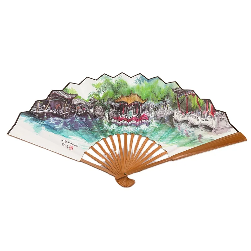 
2021 China Manufacturer Promotional Printing Bamboo Fan Chinese Tourist Attraction Baotu Spring 