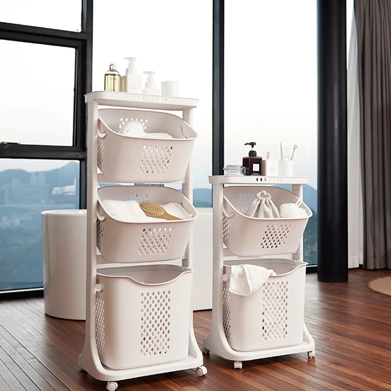 Multifunction Bathroom Laundry Cart Basket Plastic 44*33*79 2 Tier Laundry Basket On