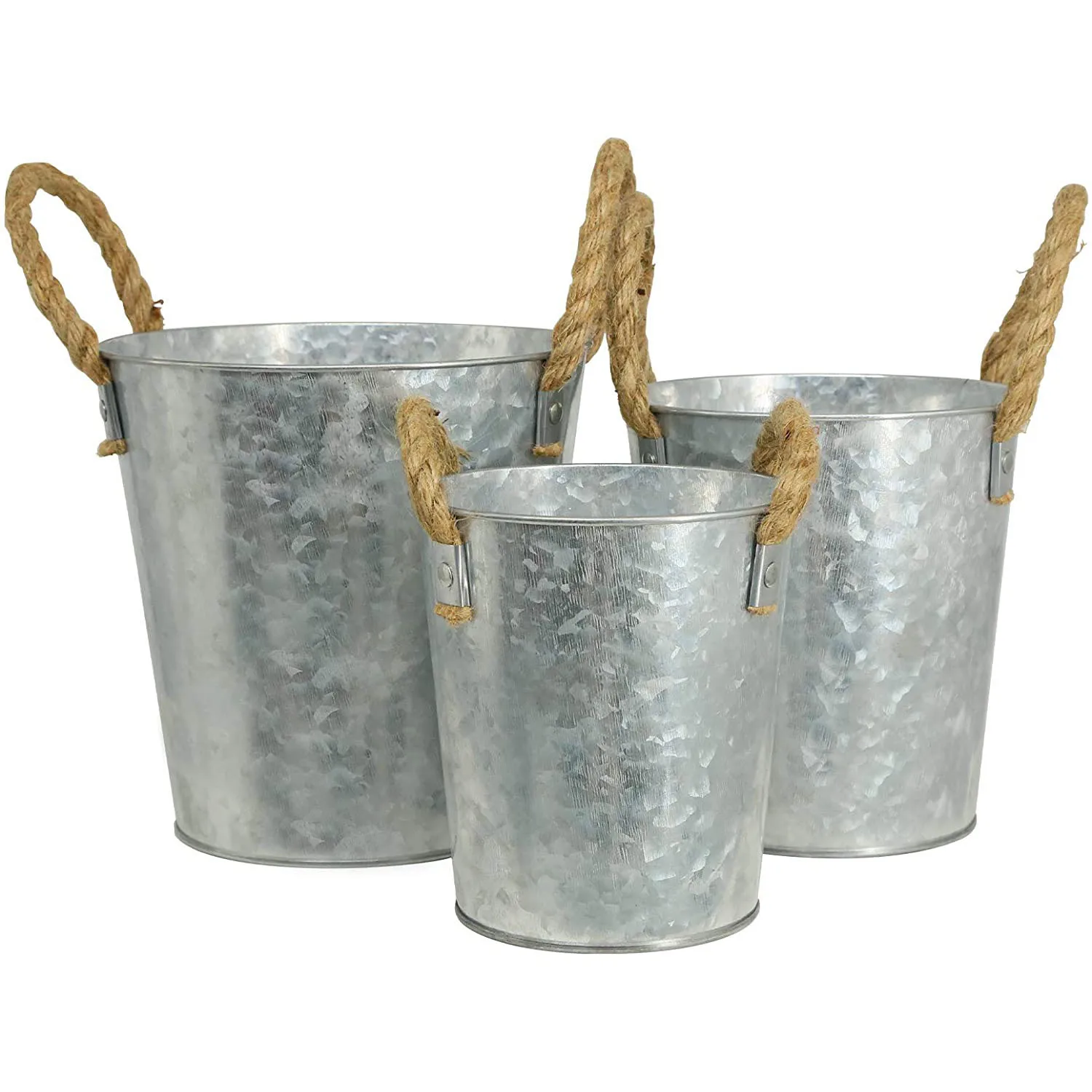 Bulk Wholesale Galvanized Flower Pot Farmhouse Buckets with Rope Handle Set of 3 manufacture
