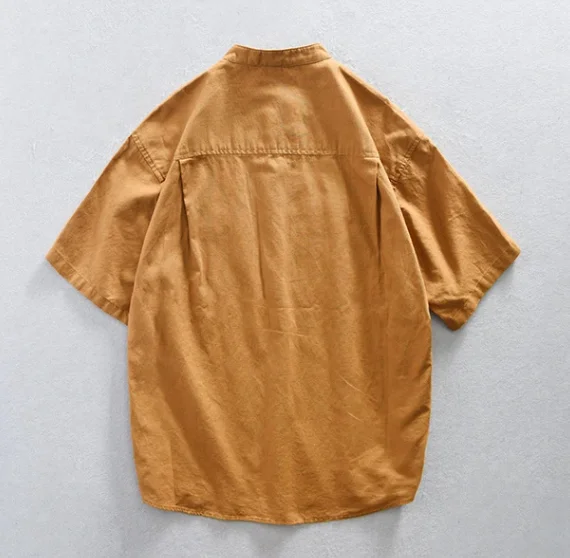 2023 Fall boys Cotton Linen Short Sleeve Shirt Standing Collar Half Sleeve Street Oversized White black Shirts for MEN