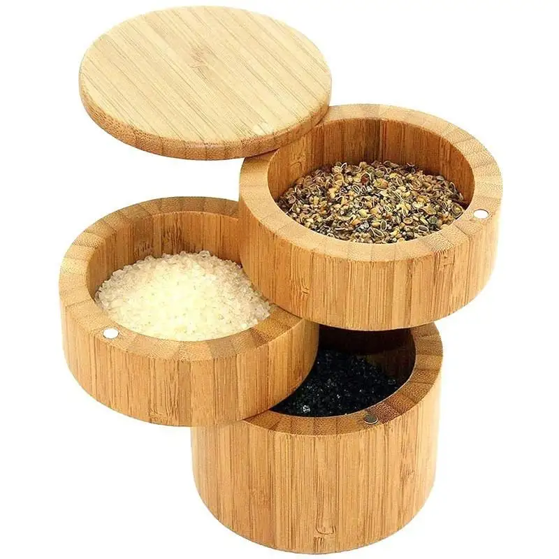3-tier round bamboo salt container with lid for organizing herbs and spice seasonings