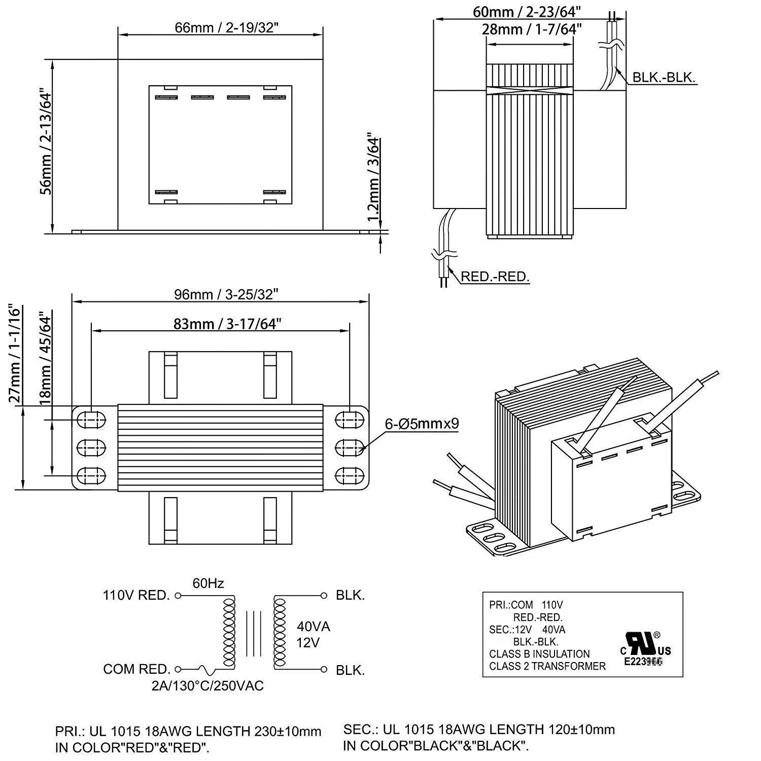 Class 2 Transformer 40VA Rating 110VAC Input to 12VAC Output