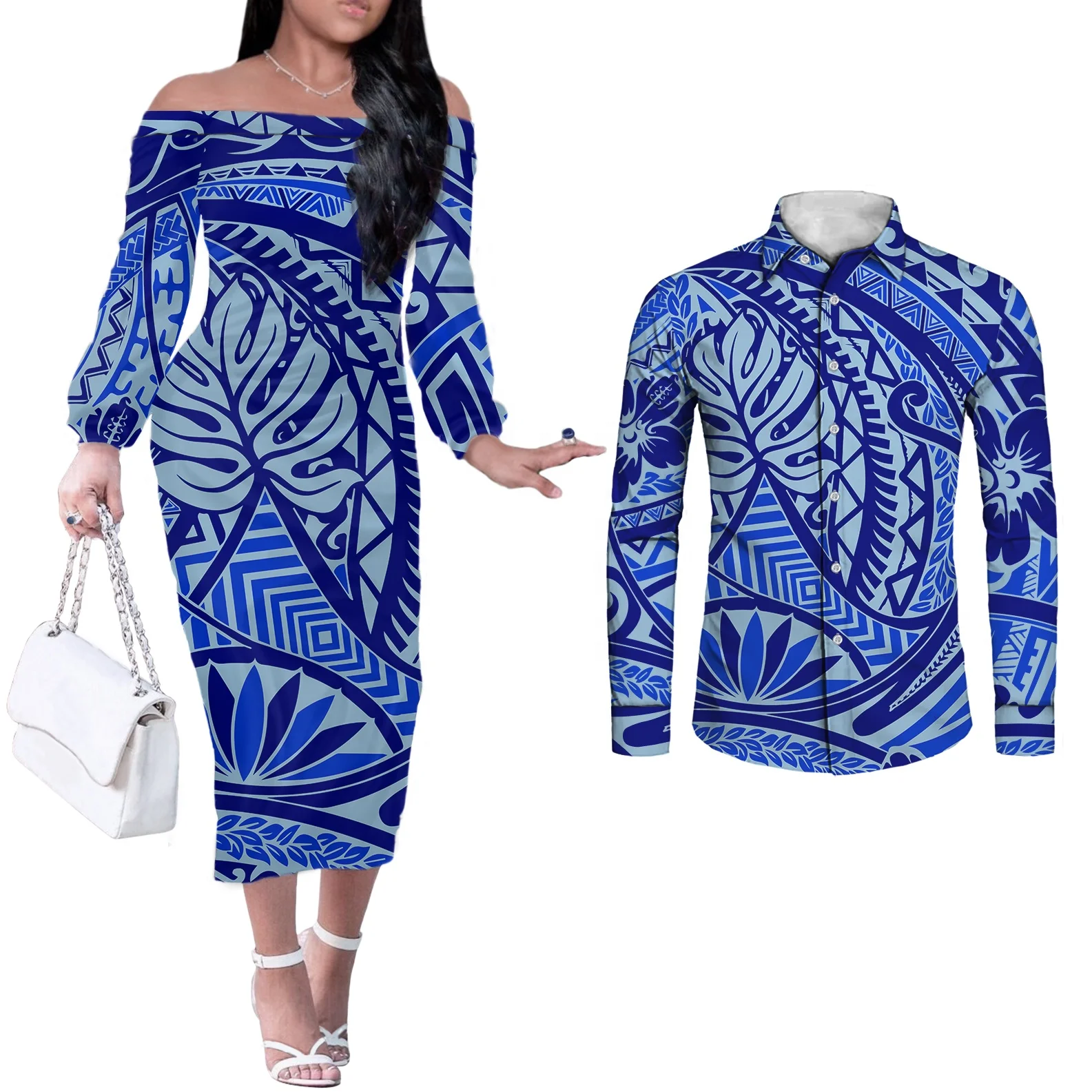 couple clothes Drop shipping Polynesian Tribal Pattern Design Classic Mens Hawaiian Plus Size Shirts Match Women Plus Size Dress