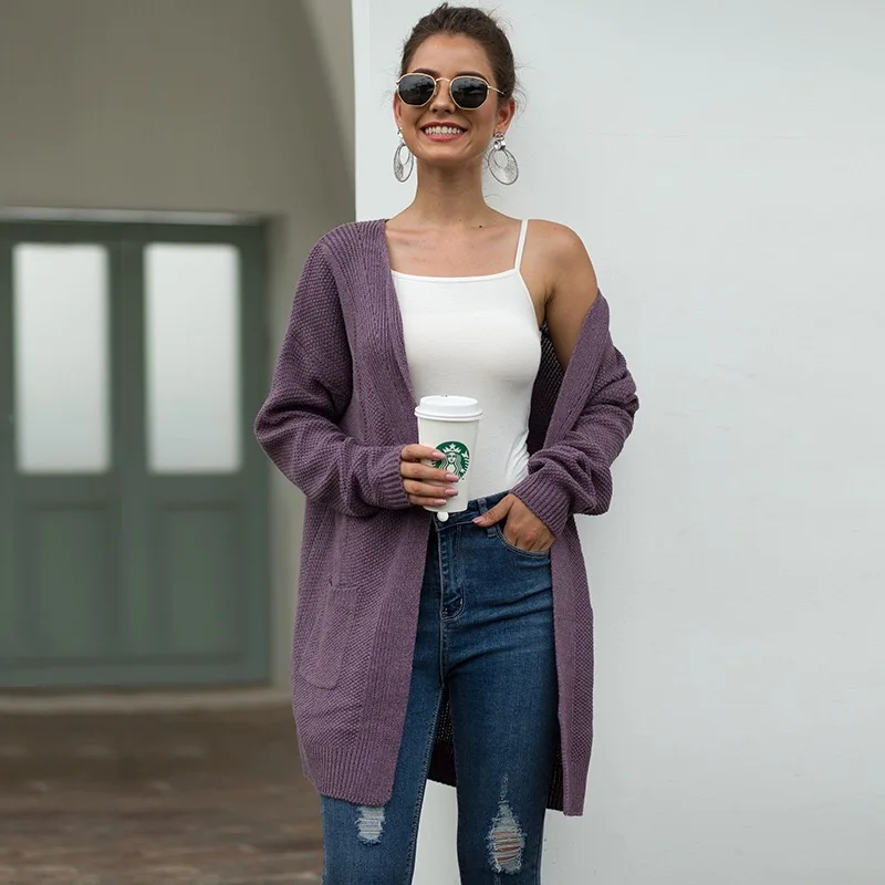 
Classic Style Women Cardigan Quick Dry Purple Full Sleeve Clothing Sweaters With Pockets 