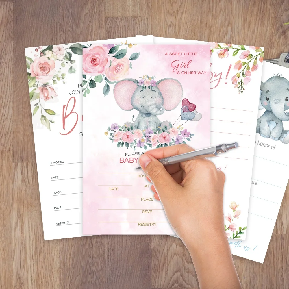 PAFU Floral Pink Blue Elephant Invitations for Boy Girl Set of 25