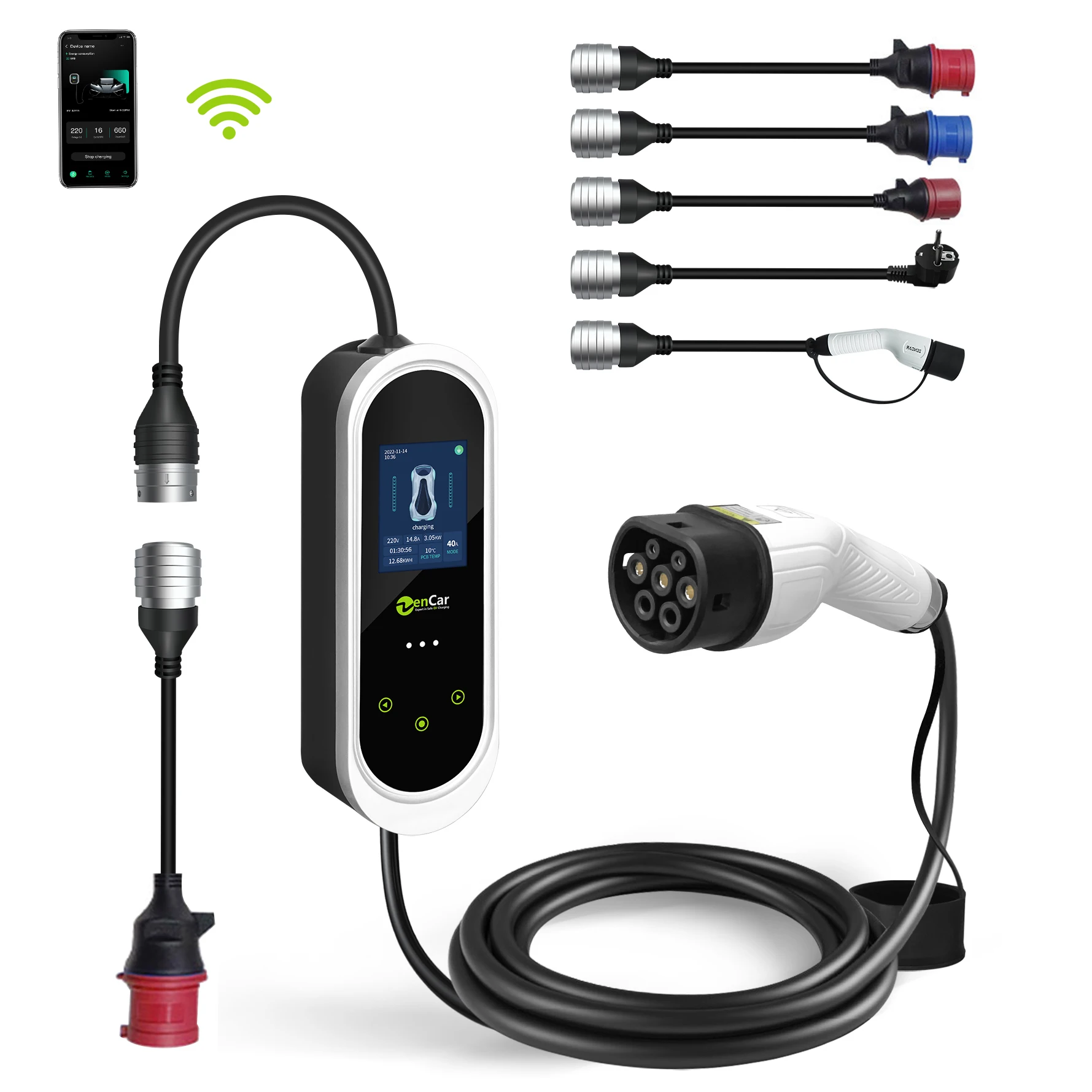 Model E-Pro Zencar EVSE 32A 22KW Mobile Level 2 EV Charger Type 2 IEC 62196 WIFI App with Adapter 3 in 1 Fast home EV Charge