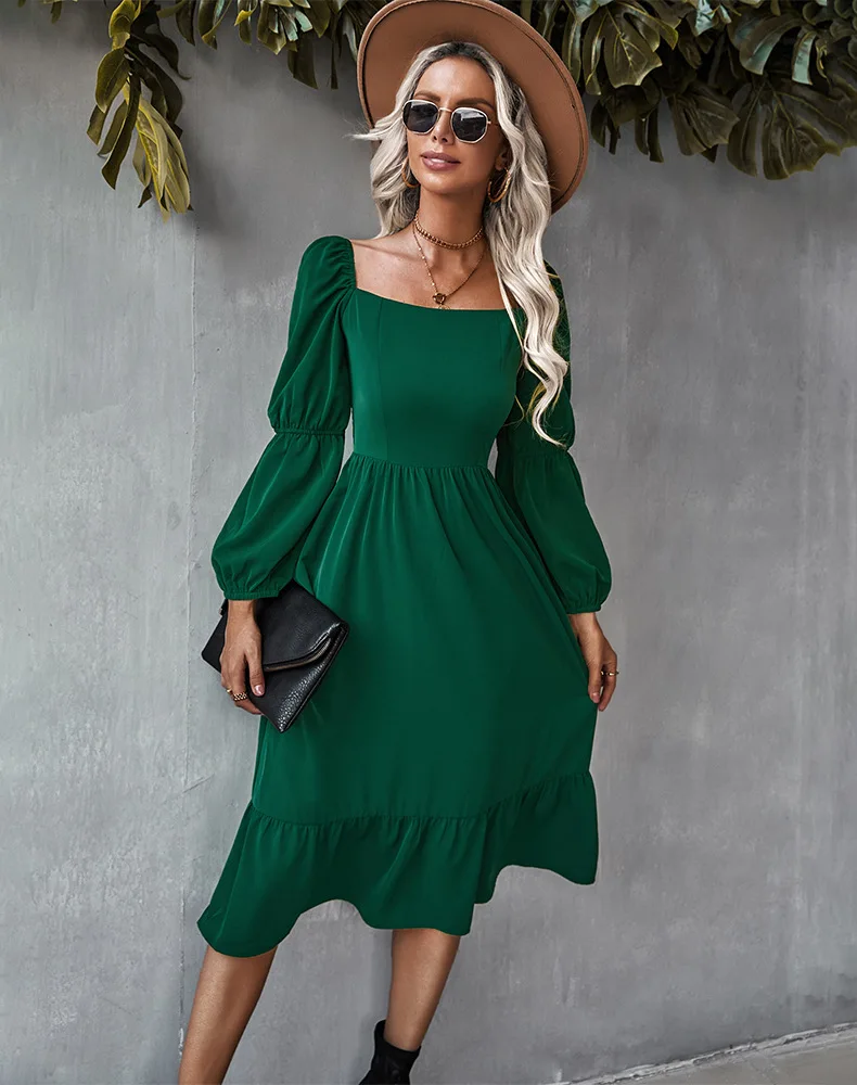 High Quality French Design Vintage Square Collar Long Fall Dress Sundress Women Elegant Dinner Long Sleeve Midi Dresses Evening