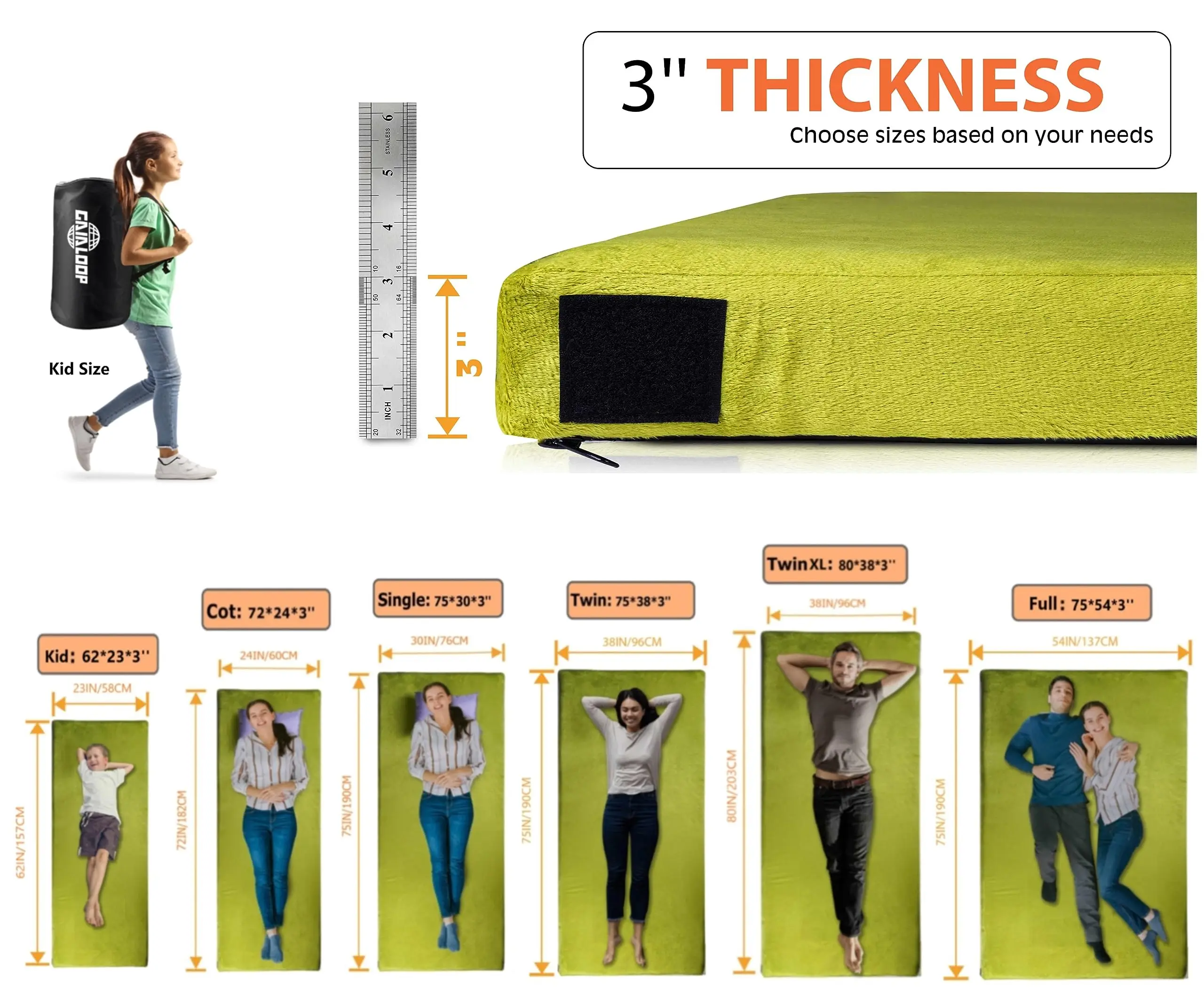 Thick Memory Foam Camping Mattress Sleeping Pad  3 Inch Portable Floor Mat Roll Up for Guests Kids Adult Sleepover